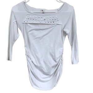 Discreet Cute Peek a Boo White Studded Ruched Knit Top 3/4 Sleeve Tee Small